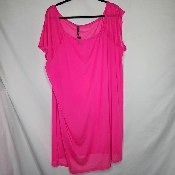 3X 22W 24W Torrid Hot Pink Mesh Off Shoulder Swim Cover Dress Mini Summer Sheer - Picture 2 of 6